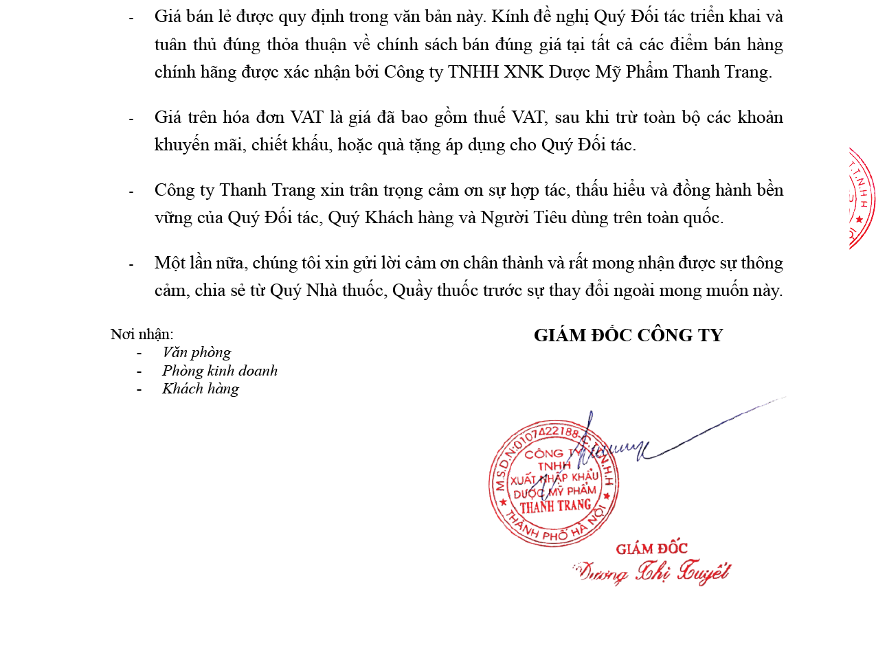 Thanh Trang Pharma thông báo thay đổi điều chỉnh giá bán lẻ