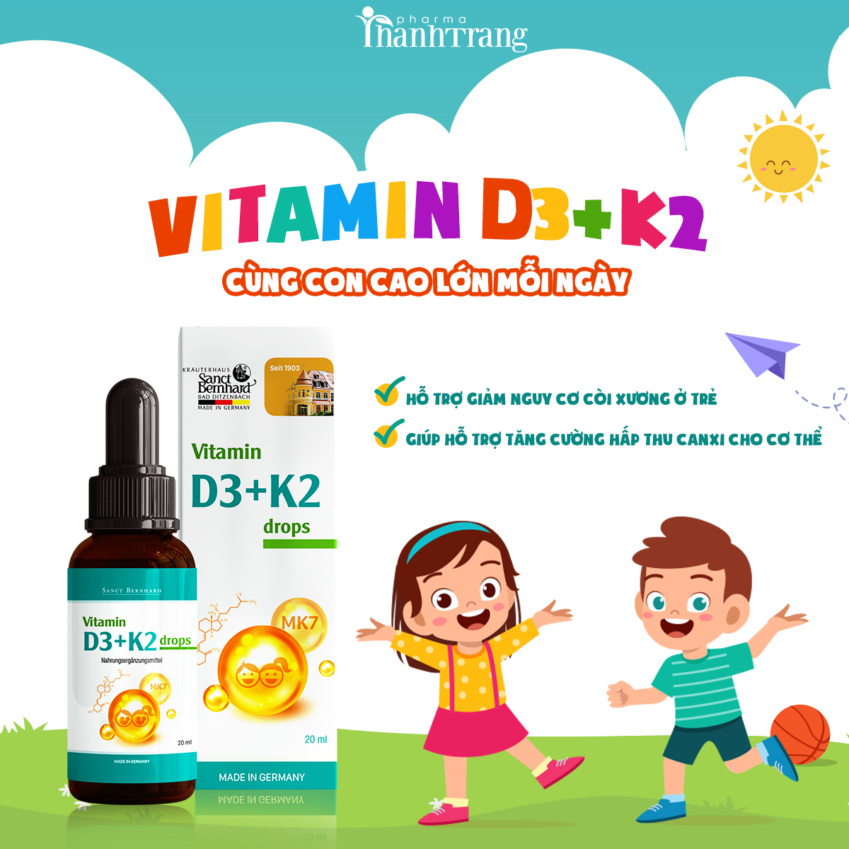 Vitamin d3+k2 drop cùng con cao lớn mỗi ngày