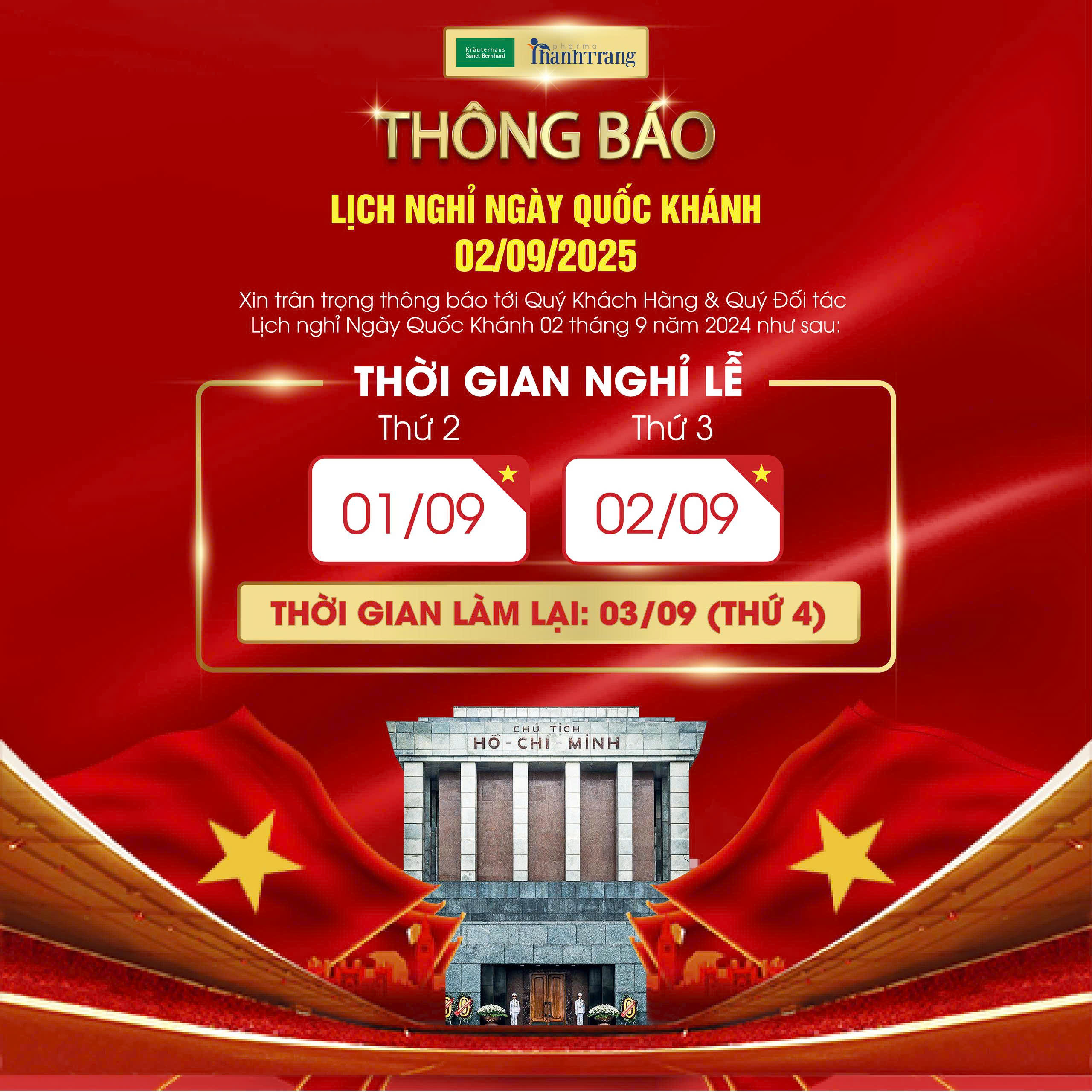 Kính chúc Quý khách hàng và Quý đối tác một kỳ nghỉ Quốc khánh ý nghĩa, hạnh phúc bên gia đình và người thân!