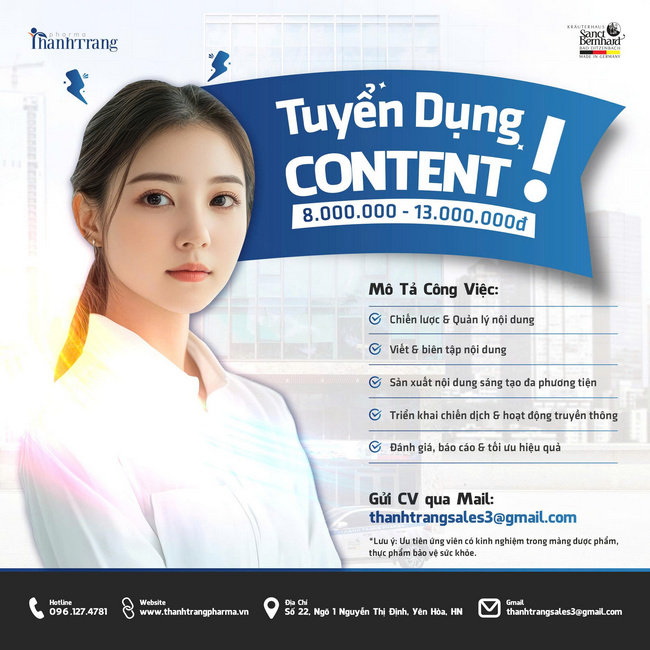 CÔNG TY TNHH XNK DƯỢC MỸ PHẨM THANH TRANG TUYỂN DỤNG CONTENT MARKETING