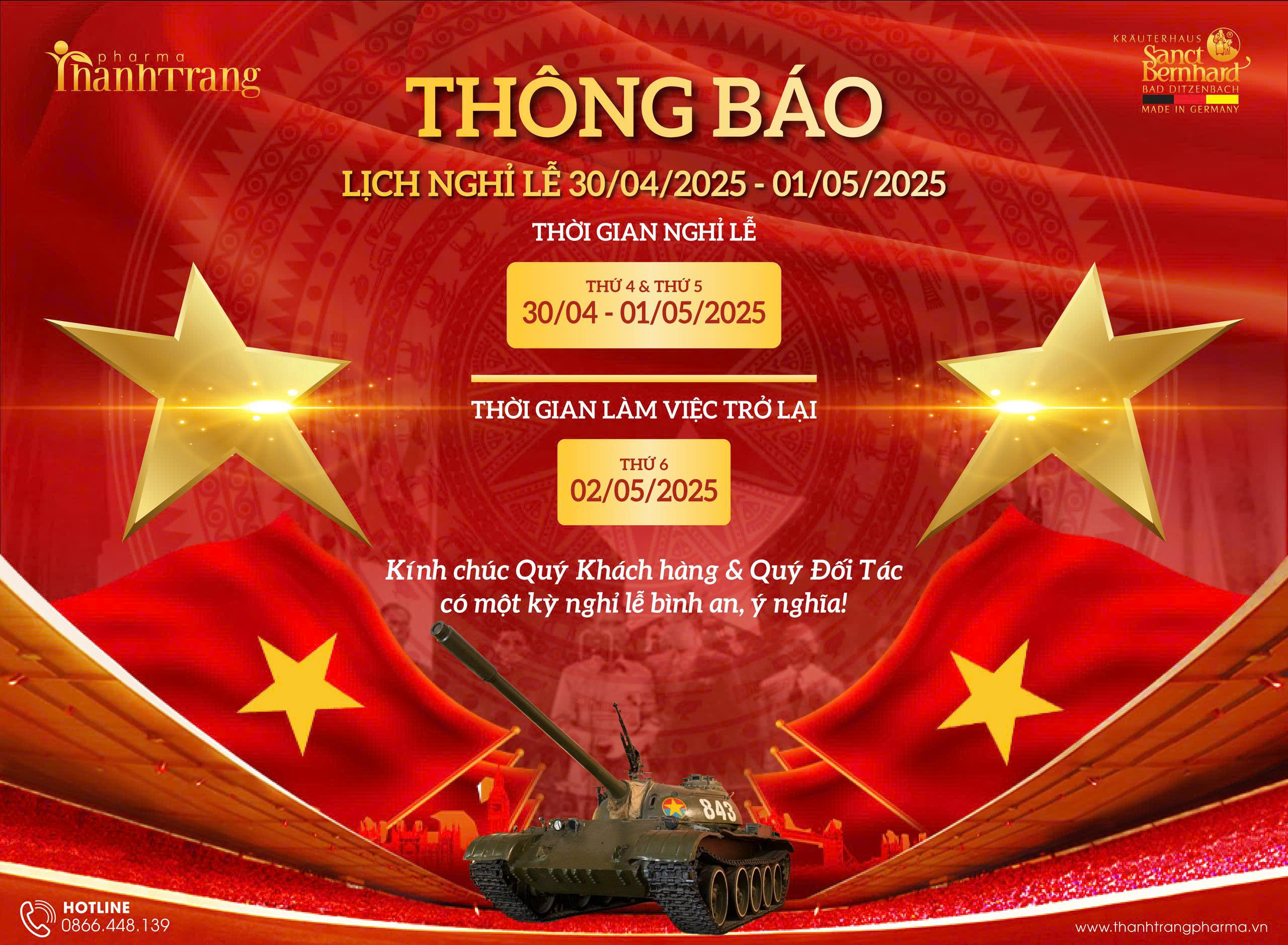 Thanh Trang Pharma thông báo lịch nghỉ lễ 30-4 & 1-5