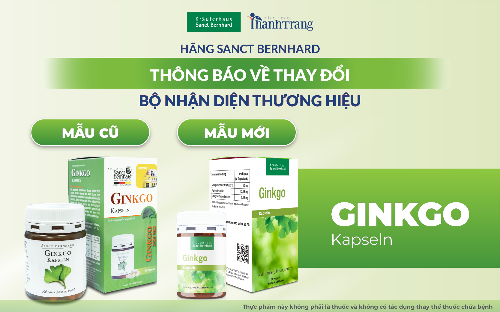 THÔNG BÁO THAY ĐỔI NHẬN DIỆN THƯƠNG HIỆU SẢN PHẨM GINKGO KAPSELN SANCT BERNHARD