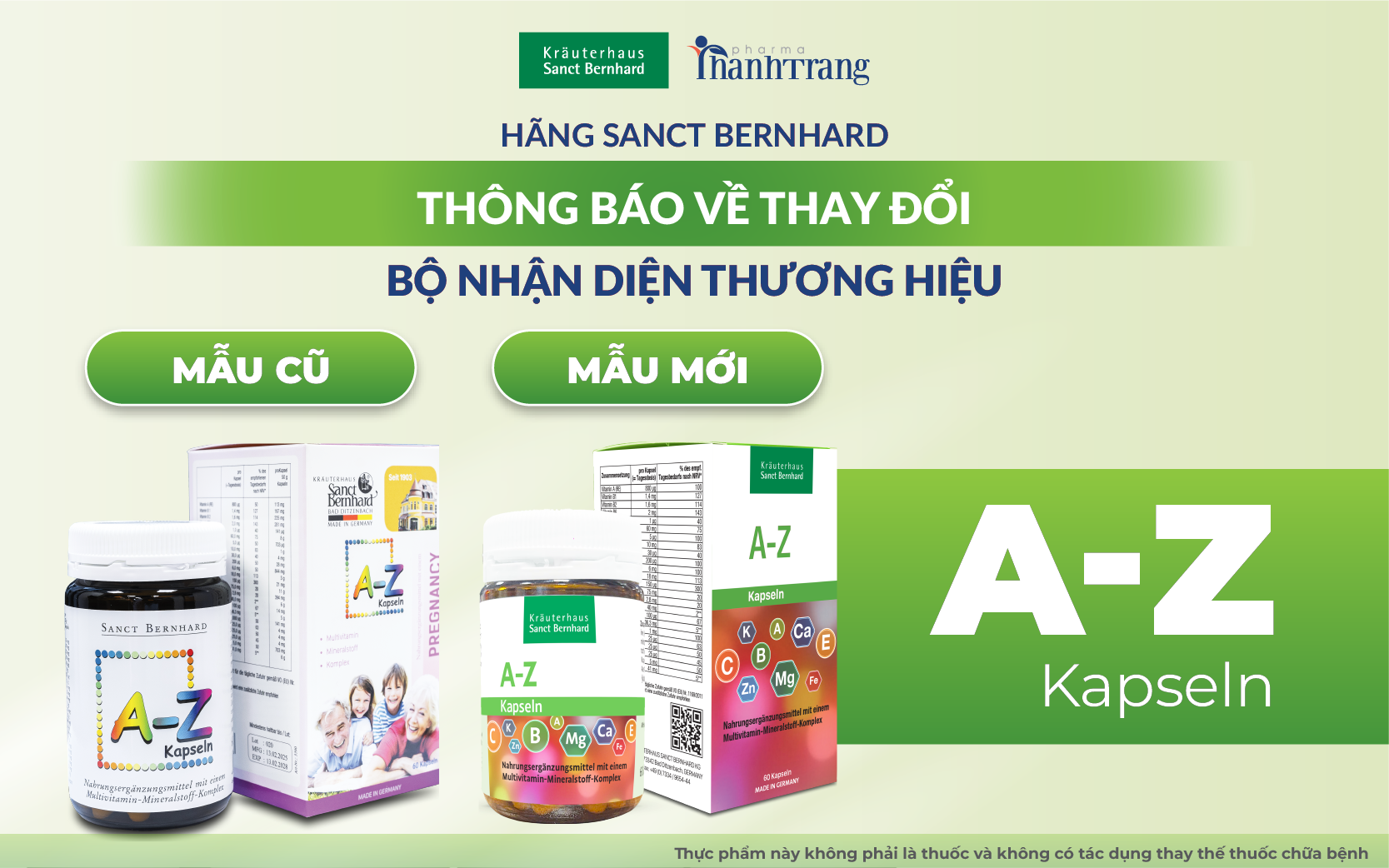 THÔNG BÁO THAY ĐỔI NHẬN DIỆN THƯƠNG HIỆU SẢN PHẨM A-Z KAPSELN SANCT BERNHARD