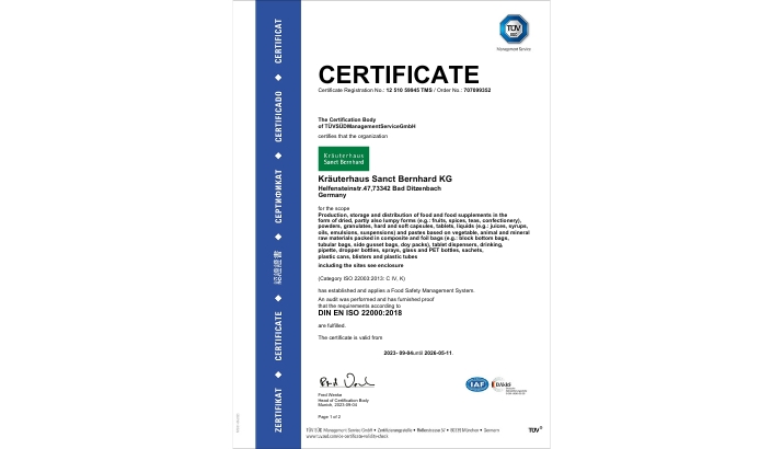 Sanct Bernhard tự hào đạt Chứng nhận ISO 22000:2018 của Đức